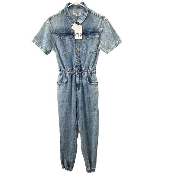 Zara Denim Jumpsuit Girls 13 14 Snap Front Short Sleeve Jogger Style NWT - Picture 1 of 8